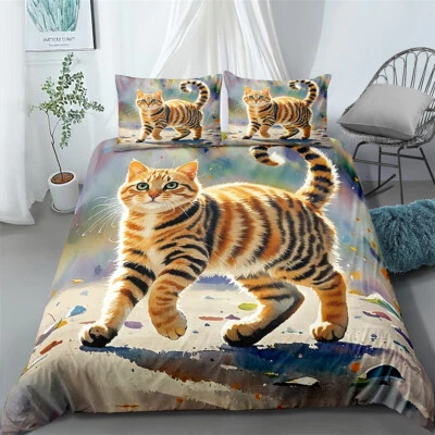 Juego de ropa de cama edredón/cubierta edredón cama tamaño doble/completo/queen/rey acuarela gato Foto 1 de 2