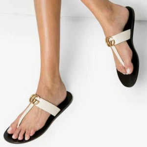 Gucci Marmont GG Leather Thong Flat Sandals   Sz 5   34 1/2  ivory  $680 - Picture 1 of 8