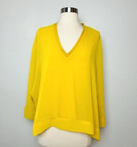 Zara Womens Top Size M Yellow Long Sleeve Sheer Blouse V Neck Lined Pullover NWT - Picture 1 of 6