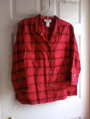 CAMISA BLUSA EASY SPIRIT Talla L Roja Negra Rayas Seda y Algodón Excelente BONITA Foto 1 de 4