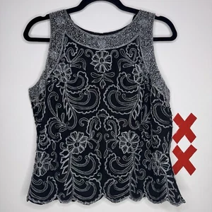 JKARA Black Silk Silver Beaded Floral Sleeveless Blouse Fairy Whimsygoth Top L - Picture 1 of 6