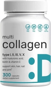 Multi Collagen with Hyaluronic Acid, Vitamin C & Biotin 5000mcg 300 Caps Non GMO - Picture 1 of 2