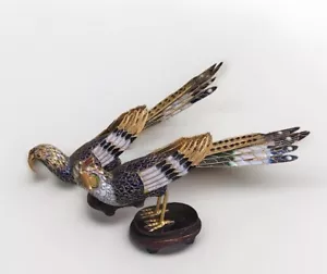 Antique Cloisonné Birds Pair On Asian Wood Bases Multicolor - Picture 1 of 24