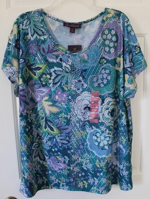 Top para mujer azul brillante pedrería floral talla SS Gloria Vanderbilt ¡NUEVO CON ETIQUETAS! Foto 1 de 4