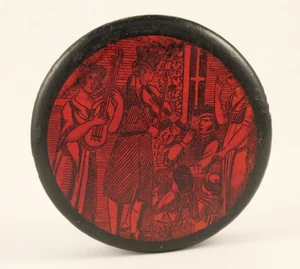 Antigua caja de tabaco de escena musical lacada negra de papel maché - Imagen 1 de 10