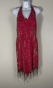 VTG 90’s Y2K Nite Line Hot Pink Beaded Tassel Bombshell Dress 2 Read Measurmnt - Picture 1 of 17