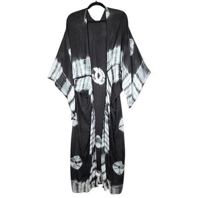 Free People галстук краситель макси кафтан кимоно Duster черный белый вискоза открытый передний все - Изображение 1 из 4