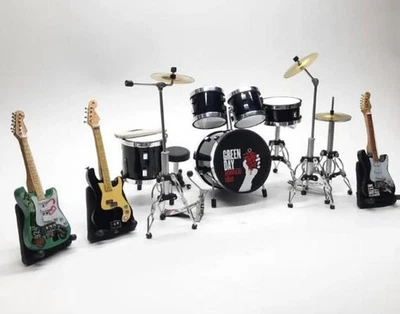 1/12 Scale Miniature Drum Set Green Day Style Black + 3 Guitar Gift Display Prop - Image 1 of 4