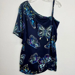 Blusa Avon Talla Grande Un Hombro Estampado Mariposa Azul Marino Asimétrica - Imagen 1 de 6