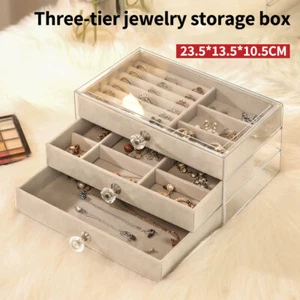 Acrylic Jewelry Organizer 3 Drawers Storage Transparent Jewelry Display Beige UK - Picture 1 of 22