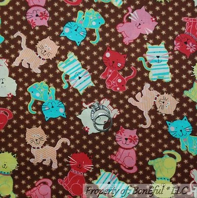 BonEful Fabric FQ Cotton Quilt Brown Tan Pink Aqua White KITTY CAT Flower Calico - Image 1 of 4