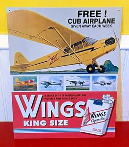 Wings King Size Cigarettes Cub Airplane 16" x 12.5" Tin Tacker Metal Sign - Picture 1 of 8