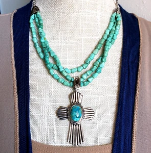 BBJ Sterling Silver Large Turquoise Cross Pendant 18" Multistrand Bead Southwest - Picture 1 of 13