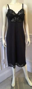 Shadowline WNSZ 36 28” FULL BLACK SLIP VINTAGE NYLON Floral Lace BACK SLIT MINT - Picture 1 of 9