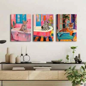 3pcs Leopard, Zebra, Tiger Watercolor Wall Art Canvas Unframed - Picture 1 of 9