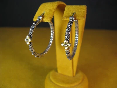 BARBARA BIXBY HOOP EARRINGS SS 18K SILVER YELLOW GOLD FLOWER CARVED Gift - Image 1 of 2