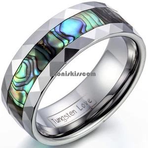 8mm Unisex Tungsten Carbide Ring w Abalone Shell Inlay Beveled Edge Wedding Band - Picture 1 of 4