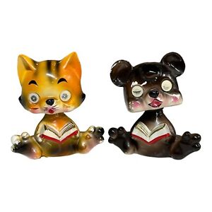 RARE Wales Japan Winking Bobblehead Nodder Cat + Bear Holographic Eyes Ceramic