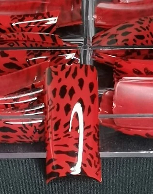 Artificial Nail Tips Pre Designed False Nails Tips x 100 Red Leopard Print - Image 1 of 2