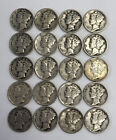 Silver Mercury Dime lot (20) Coins 1916-1945 90% Mixed Years and Mints Avg Circ