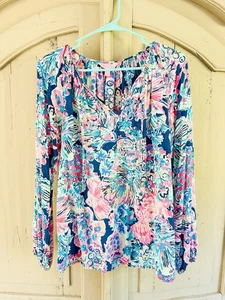 Lilly Pulitzer Top Bluse Damen klein geblümt mehrfarbig blau rosa türkis - Bild 1 von 2