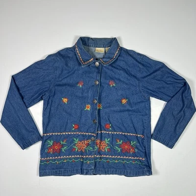 Camisa de mezclilla floral bordada vintage Bobbie Brooks para mujer talla M 8/10 Foto 1 de 4