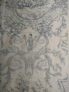REMNANT Chinoiserie Blue & White Toile Fabric Asian Scene Toile Romantic SILK?? - Picture 1 of 9