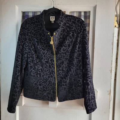 Anne Klein Women's Black Velvet Leopard Print Zip Up Jacket Blazer Size Small - Image 1 of 4