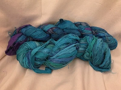 100g Recycled Sari Silk Ribbon Yarn, Lot Of 2, Blue - Image 1 of 2