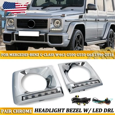G63 Chrome Headlight Bezel For 1990-2018 Mercedes W463 G Wagon G500 w/ LED DRL - Imagem 1 de 4