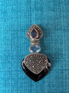 Gorgeous Art Deco Heart Shaped Onyx Amethyst Marcasite Sterling Silver Pendant - Picture 1 of 8