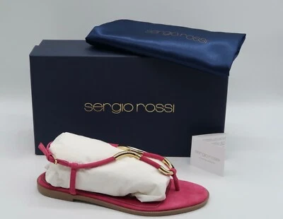 SERGIO ROSSI Twist Gold Tone Thong Pink Suede Leather Sandals EU 37 / US 7 New - Image 1 of 4
