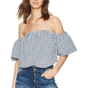 Misa Los Angeles blau schwarz Gingham kariert Puffärmel Schulterfrei Oberteil XS - Bild 1 von 12