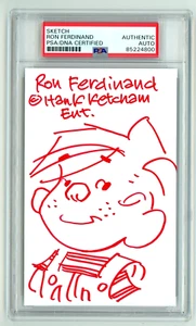 RON FERDINAND signierte Skizzenkarte - Dennis die Bedrohung Kunst Zeichnung Cartoonist - PSA - Bild 1 von 2