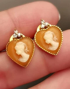 Orecchini Cammeo Vintage A Forma Cuore Con Diamanti Oro Giallo Solido 14k - Foto 1 di 3
