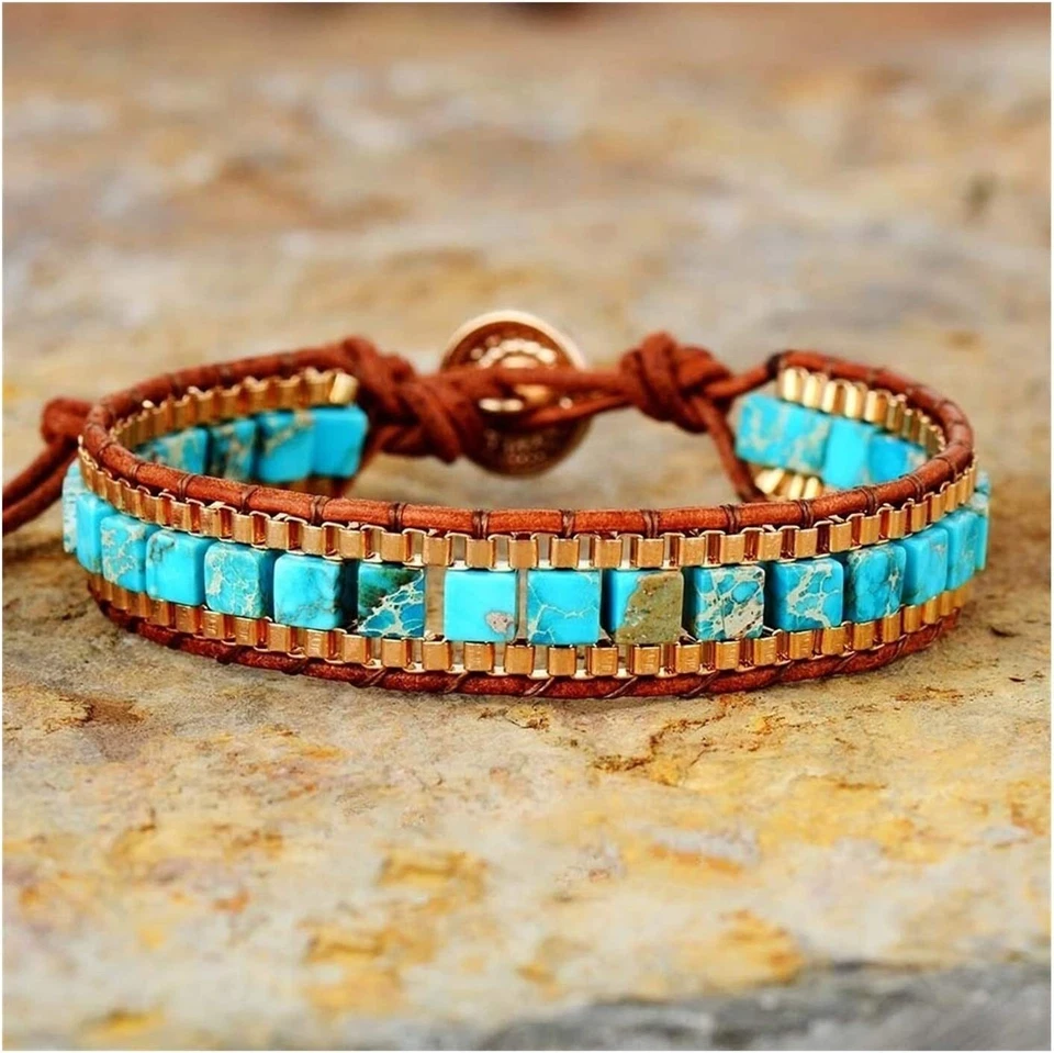 Pulsera envolvente trenzada de cuero jaspe turquesa natural para protección curación Foto 1 de 3