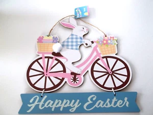 Happy Easter Sign Bunny On Bicycle Decoration Home Decor 11"×11" New - Picture 1 of 4