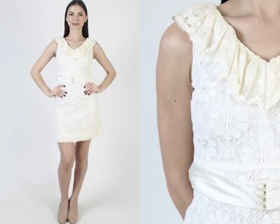 Vtg 60s Ivory Crochet Floral Lace Dress Mod Wedding Bridal Party Scooter Mini - Image 1 of 4