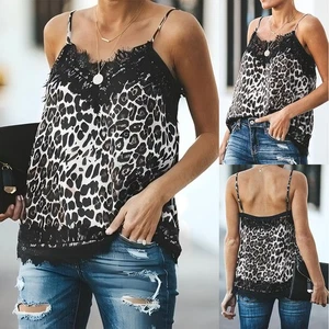Plus Size Women Sexy Lace Leopard Cami Tops Vest Summer Casual T-Shirt Blouse - Picture 1 of 17