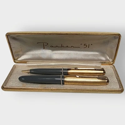  Parker 51 перьевая ручка и карандаш комплект 1/10 14k золото заполненное крышка голубоватый поврежден  - Изображение 1 из 4