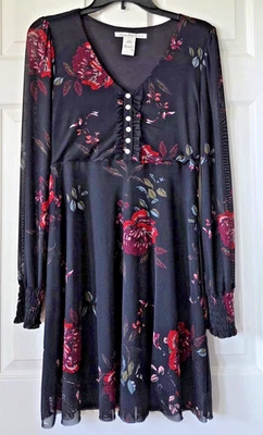 AMERICAN RAG CIE Black Floral Dress Long Sleeves Ruffle Front Whimsy Goth Size S - Image 1 of 4