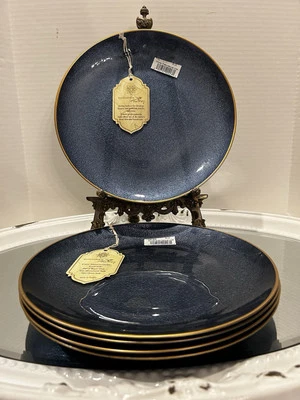 Turkish Art Glass 5  Dinner Plates Set Blue Textured Gold Rim 11" NWT - Image 1 of 4