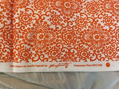 Tela Pretty Please Jennifer Paganini 1 yarda Naranja Algodón Floral Blanco Paisley Foto 1 de 2