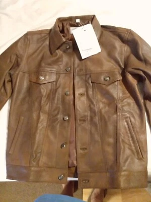 Chaqueta de cuero negra Western Trucker chaqueta de mezclilla de cuero de oveja estilo B34J Foto 1 de 4