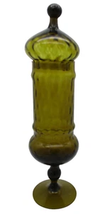 Vintage Empoli Italian Art Glass Avocado Olive Green Optic Apothecary Tent Jar - Picture 1 of 6