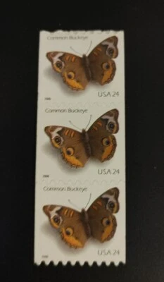 US Stamps SC #4002 24c Common Buckeye Butterfly 2006 coil strip of 3. MNH. - Image 1 of 2