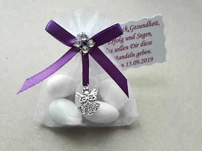 Gastgeschenk Lila Taufe Kommunion Schutzengel Mandeln Tischdeko,Spruch mit Name - Bild 1 von 4