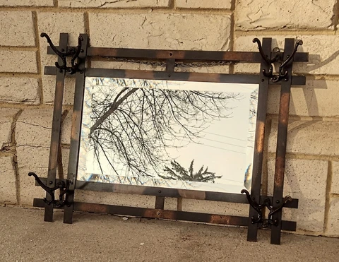 Antique Japanned Mission Arts & Crafts Wall Hall Hat Rack Beveled Mirror Cover