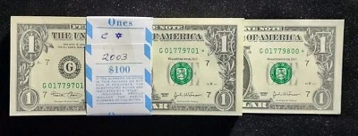 2003  $1 - 100 Note Star Pack Consecutive Serial #'s Chicago. F 1929 G☆. T8717 - Image 1 of 4