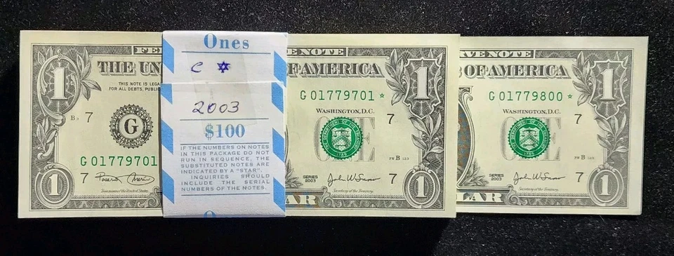 2003  $1 - 100 Note Star Pack Consecutive Serial #'s Chicago. F 1929 G☆. T8717 - Image 1 of 4